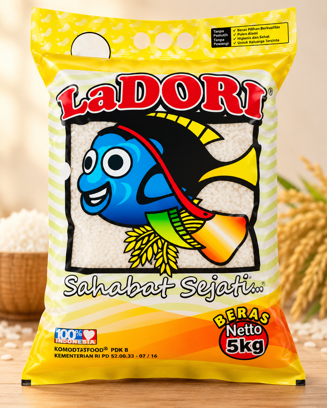 Kemasan resmi Beras Premium Ladori 5 kg dan 25 kg produksi pabrik berizin Kementan RI PD 52.00.33-07/16